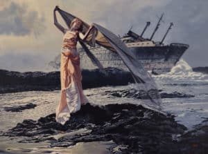 “Song of the Siren” is a magical realism painting of a siren on the shore with a ship in the background